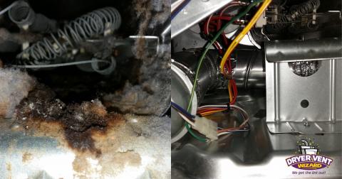 Before and after photos of burnt lint trapped in a vent. 