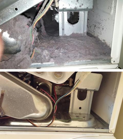 The inside of a dryer before and after it was thoroughly cleaned by our experts. 
